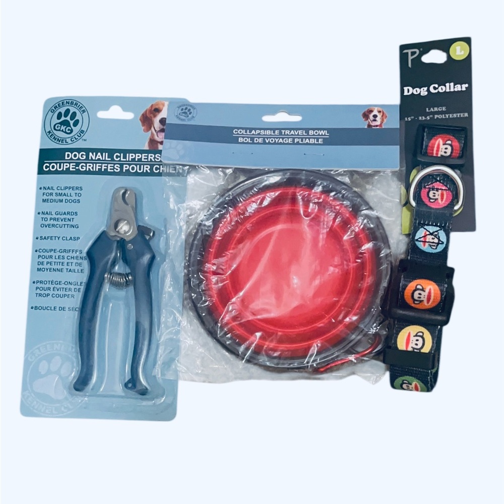 Pet Travel Kit with Red Bowl and Blue Clippers